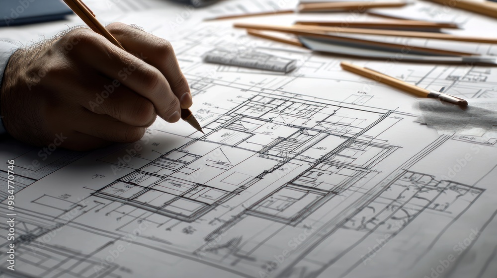 A male architect, deeply focused, sketches detailed blueprints on a large drafting table using a pencil. A male architect, deeply focused, sketches detailed blueprints on a large drafting table using a pencil.
