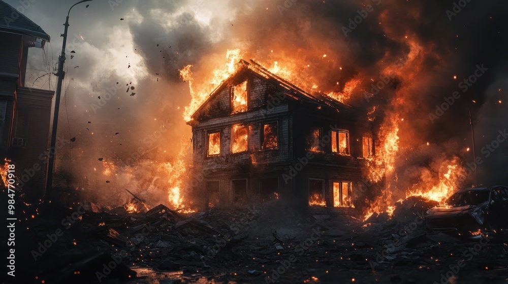 A dramatic scene of a burning house engulfed in flames, creating an intense and chaotic atmosphere. A dramatic scene of a burning house engulfed in flames, creating an intense and chaotic atmosphere.