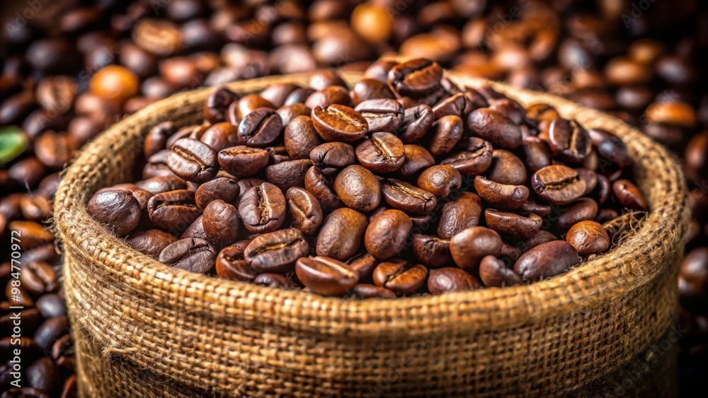 Close-up of roasted coffee beans in a burlap sack, showcasing rich colors and textures perfect for coffee-related themes.