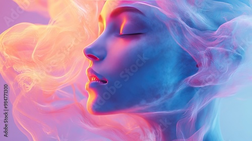 A woman's face is shown with a blue background and a purple and orange smoke