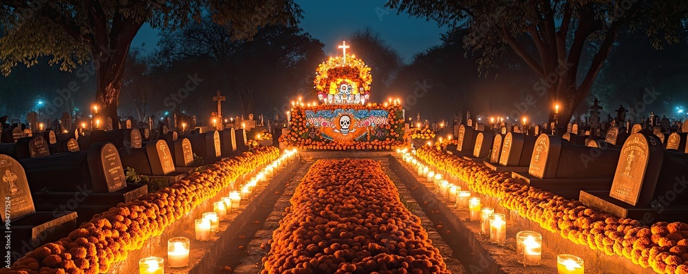 Obraz premium A serene graveyard illuminated by candles and flowers, creating a tranquil atmosphere for reflection and remembrance.