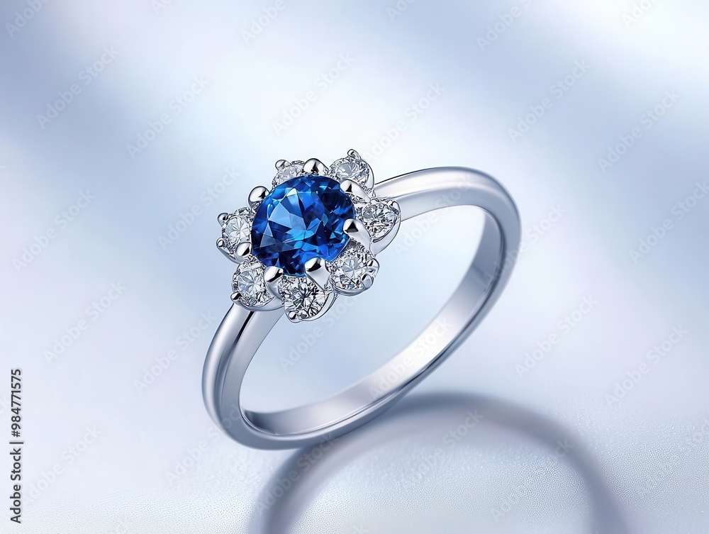 Artistic close-up of a floral-inspired ring with diamonds and sapphire accents, Floral Design, Nature-Inspired Elegance Artistic close-up of a floral-inspired ring with diamonds and sapphire accents, Floral Design, Nature-Inspired Elegance