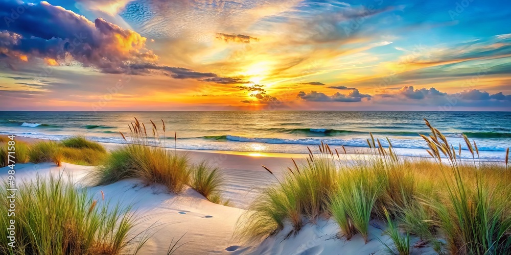 Golden Tranquility Serene Beach Sunset with Vibrant Sky and Ocean - Romantic Coastal Landscape for Home Decor and Travel Brochures Golden Tranquility Serene Beach Sunset with Vibrant Sky and Ocean - Romantic Coastal Landscape for Home Decor and Travel Brochures
