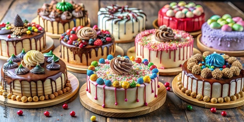 Gourmet Cakes with Colorful Toppings and Drizzles on Wooden Boards, dessert, cake