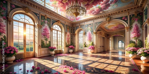 Grand Ballroom Elegance Sunlit Wood Flooring in Luxurious Symmetry, Floral Murals and Arched Windows. Romantic Wedding Venue or Event Backdrop Concept