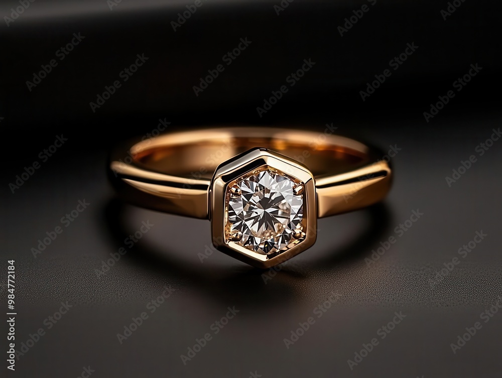 Macro view of a hexagonal diamond ring with a minimalist gold band, Hexagon Ring, Modern Geometry Macro view of a hexagonal diamond ring with a minimalist gold band, Hexagon Ring, Modern Geometry
