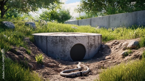 A circular concrete drainage system entrance nestled in lush green grass, surrounded by rocks and trees. photo