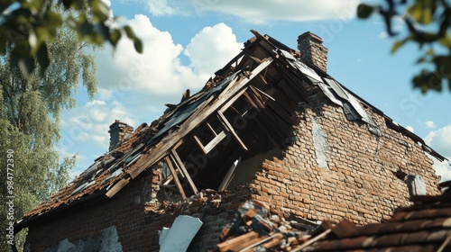 A dilapidated brick house with a partially collapsed roof, showcasing the effects of neglect and decay against a backdrop of blue sky.