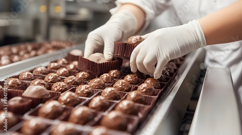 A chocolate factory worker's hands in white gloves placing chocolate truffles into black boxes, with chocolate bonbons in the background