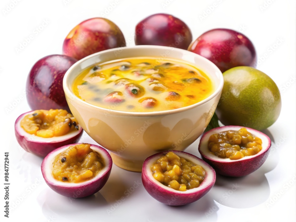 Fresh passion fruit pulp in bowl with whole fruits Fresh passion fruit pulp in bowl with whole fruits
