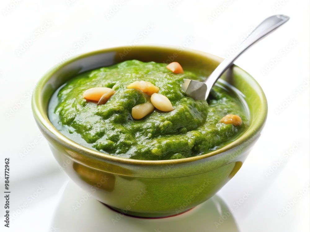 Fresh basil pesto with pine nuts in bowl Fresh basil pesto with pine nuts in bowl