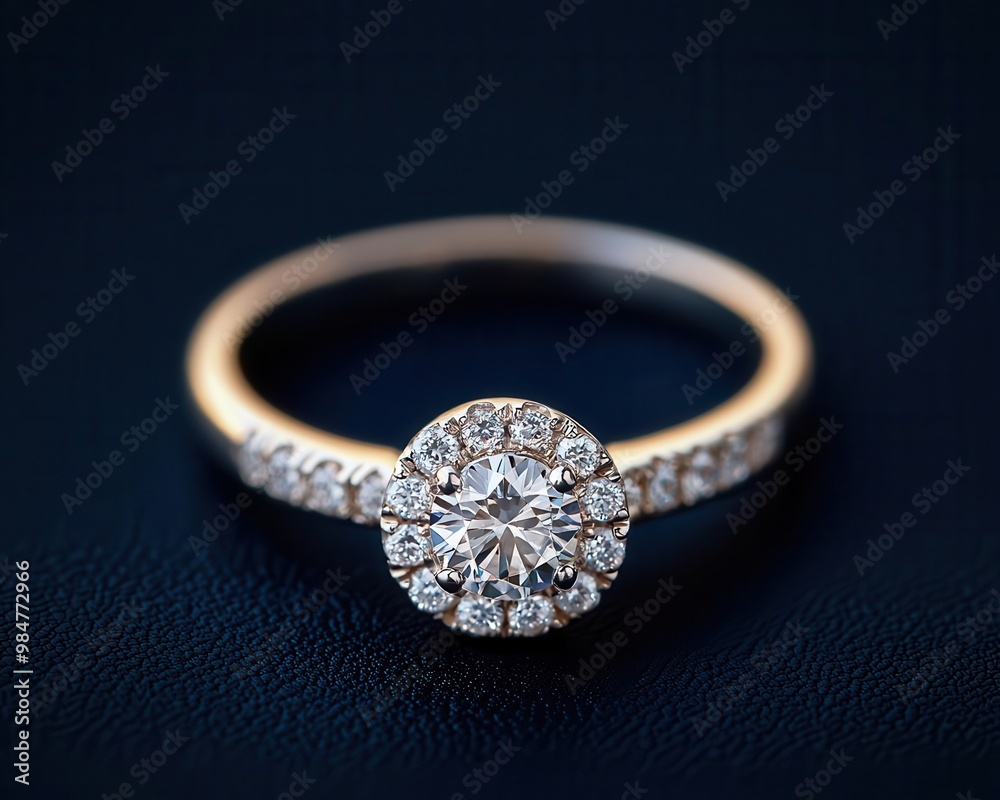 Macro shot of an intricate halo ring with a central diamond surrounded by smaller stones, Halo Design, Luxurious Style Macro shot of an intricate halo ring with a central diamond surrounded by smaller stones, Halo Design, Luxurious Style