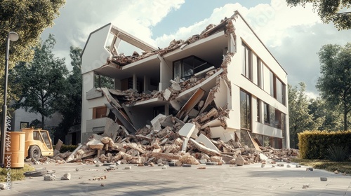 An urban scene featuring a heavily damaged modern building, with debris scattered in front under a cloudy sky.