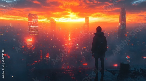 Wallpaper Mural Motivation in a futuristic world, a figure standing tall with advanced cities in the background, ready to conquer the future Torontodigital.ca