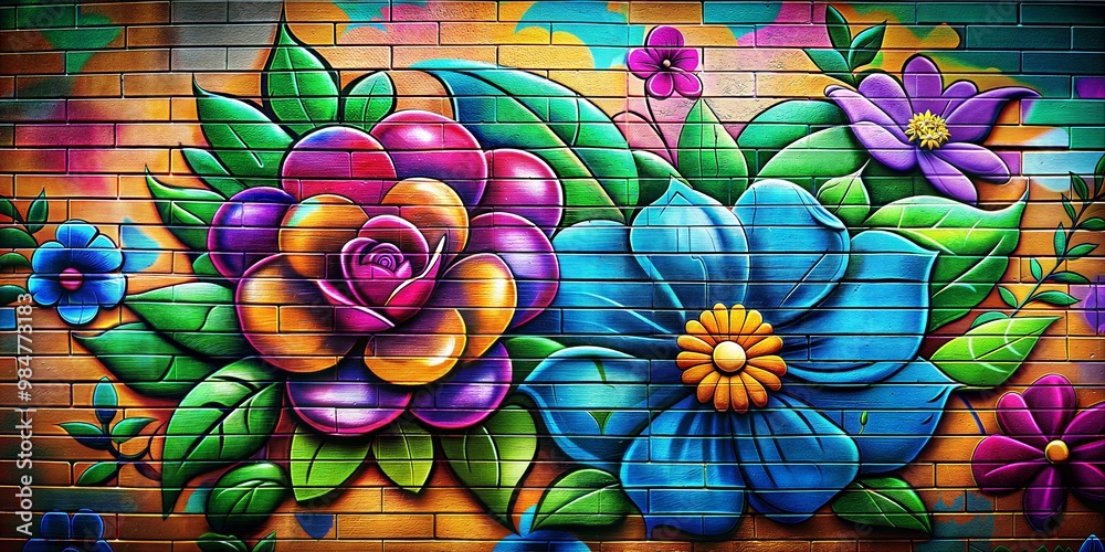 Vibrant floral graffiti on brick wall Vibrant floral graffiti on brick wall