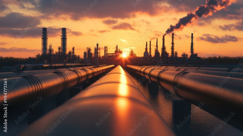 Industrial landscape at sunset featuring pipes and smokestacks against a vibrant sky.