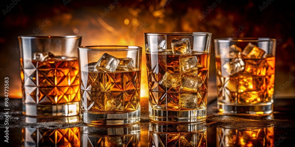 Luxurious Amber Whiskey Glasses Arrangement in Warm Glow for Cozy Evenings, Close-Up Bar Scene with Ice Cubes on Dark Surface, Relaxation Concept