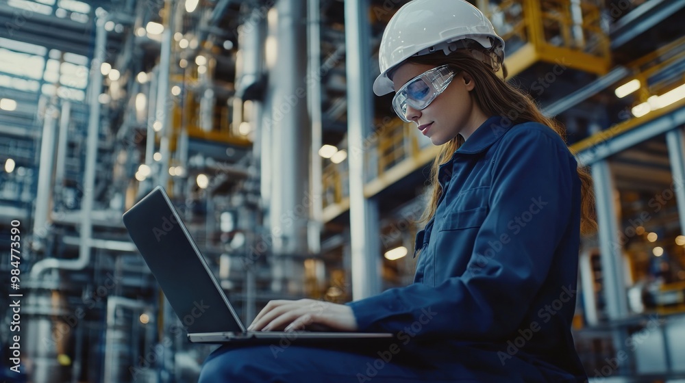 Female engineer in safety gear working on a laptop in an industrial setting. Female engineer in safety gear working on a laptop in an industrial setting.