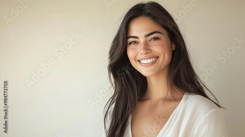 A waist-up portrait of a beautiful woman with a bright, genuine smile, set against a soft, light pastel background. Place for text on one side. For commercial advertising