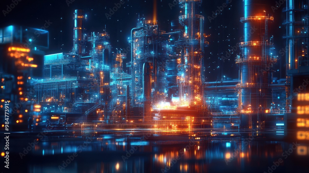 Naklejka premium Futuristic cityscape with glowing blue and orange structures reflecting in the water.