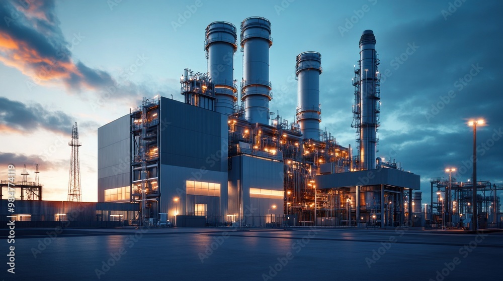 Obraz premium A modern industrial power plant at dusk, illuminated under a dramatic sky, showcasing advanced technology and engineering.