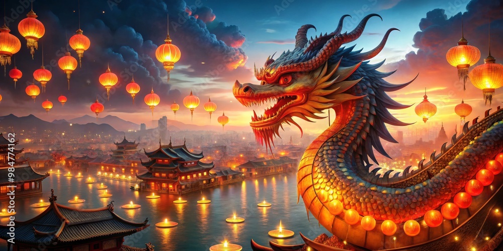 Fototapeta premium Majestic Dragon Statue Overlooking Vibrant Cityscape at Dusk - Mystical Fantasy Scene with Festive Lanterns and Magical Ambiance