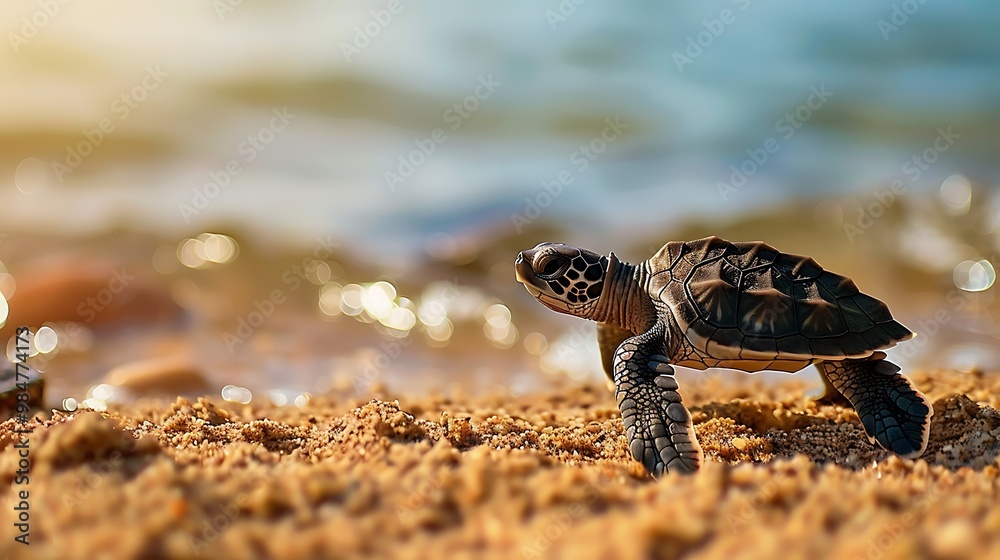 A baby turtle making its way across the sand toward the ocean for the first time A baby turtle making its way across the sand toward the ocean for the first time