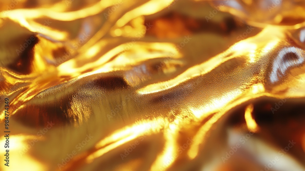 Close-up of shimmering golden fabric with rippling textures, reflecting light beautifully. Close-up of shimmering golden fabric with rippling textures, reflecting light beautifully.