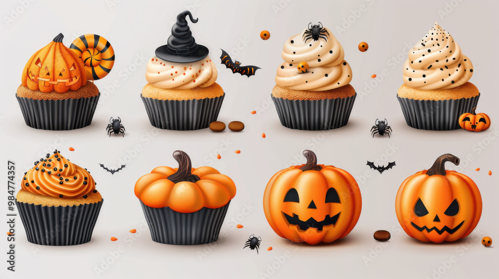 A set of Halloween cupcakes, bat-shaped lollipops, and pumpkin-shaped chocolates, displayed on a transparent background, in a cutout PNG file with a white background. A set of Halloween cupcakes, bat-shaped lollipops, and pumpkin-shaped chocolates, displayed on a transparent background, in a cutout PNG file with a white background.