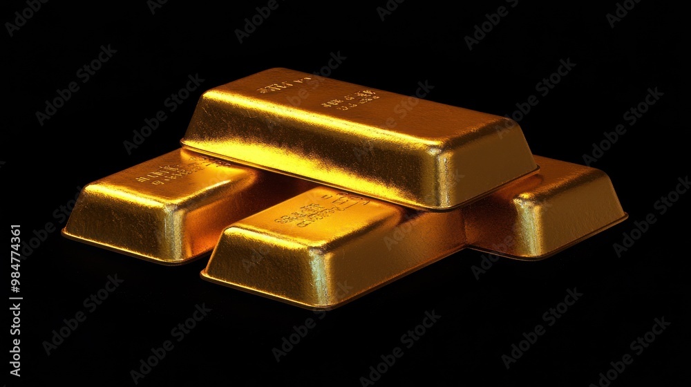Four gleaming gold bars stacked elegantly against a black background, symbolizing wealth and luxury. Four gleaming gold bars stacked elegantly against a black background, symbolizing wealth and luxury.