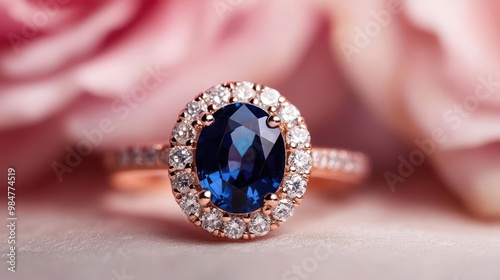 Close-up of a sapphire and diamond ring with a unique halo setting, Halo Ring, Colorful Elegance