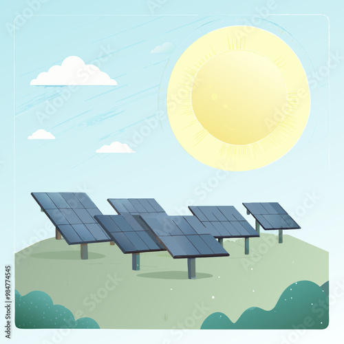 Solar Panels Under Bright Sun in Cartoon Style