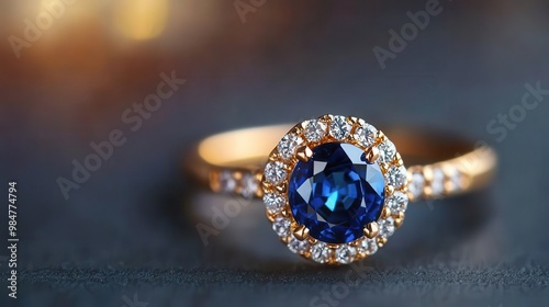 Close-up of a sapphire and diamond ring with a unique halo setting, Halo Ring, Colorful Elegance