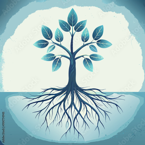 Tree with roots in abstract design, blue tones, environmental growth concept
