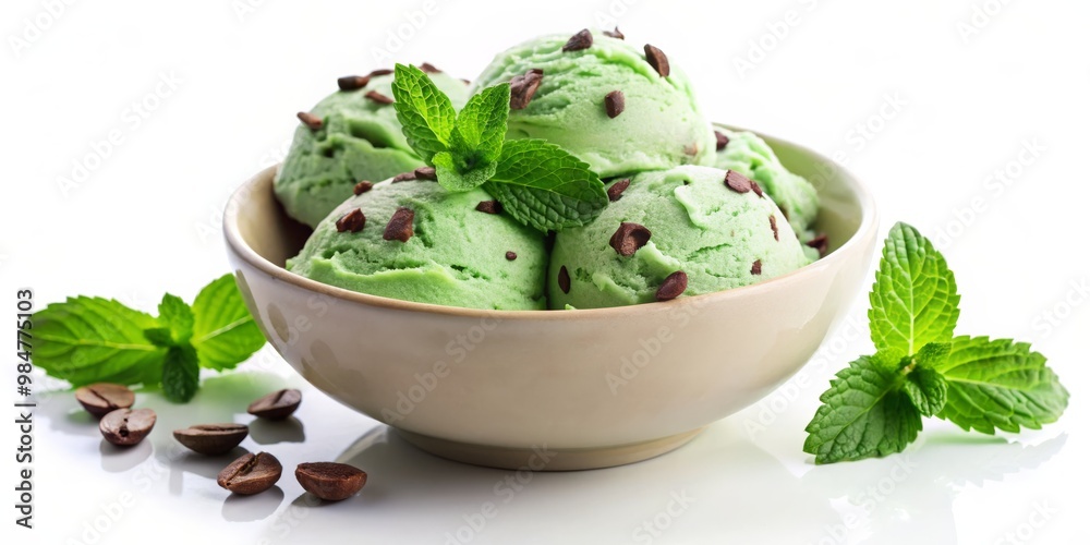 Mint Chocolate Chip Ice Cream in Bowl with Fresh Mint, Ice cream, mint Mint Chocolate Chip Ice Cream in Bowl with Fresh Mint, Ice cream, mint