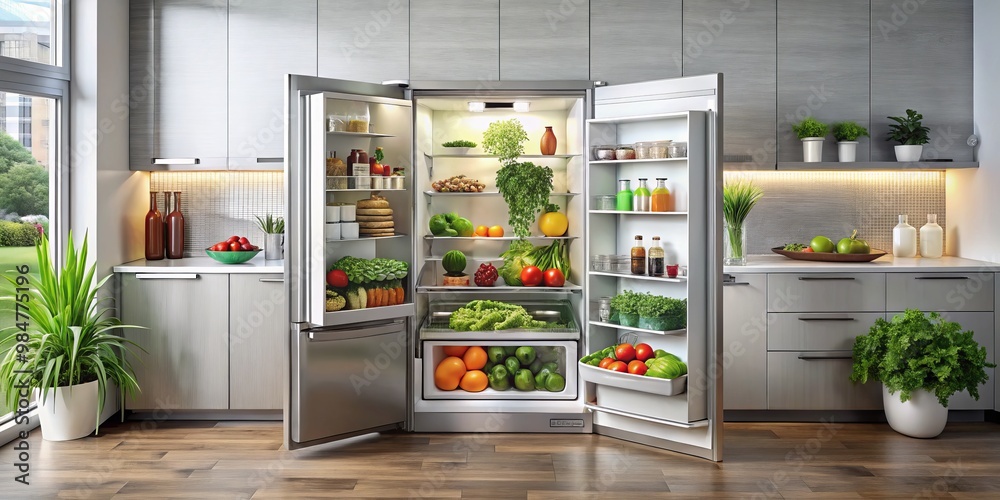 Modern Kitchen Elegance Luxurious Stainless Steel Refrigerator Closeup with Fresh Produce, Green Garden View Elegant Cooking Concept, Healthful Living - Stock Photo Modern Kitchen Elegance Luxurious Stainless Steel Refrigerator Closeup with Fresh Produce, Green Garden View Elegant Cooking Concept, Healthful Living - Stock Photo
