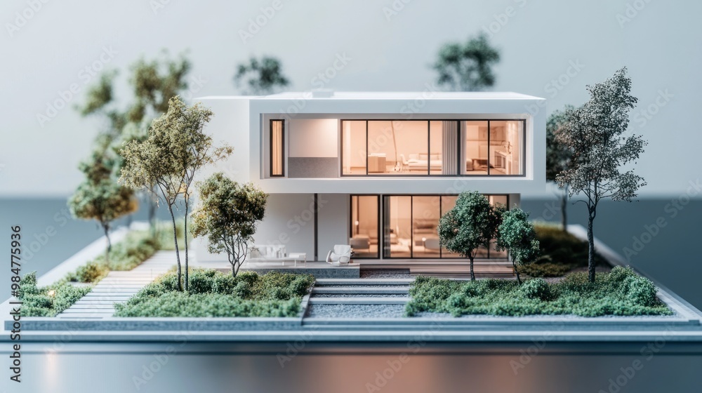 A modern architectural model showcasing a sleek, minimalist house surrounded by lush greenery. A modern architectural model showcasing a sleek, minimalist house surrounded by lush greenery.