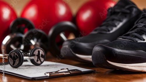 Exercise Prescription: Sneakers laced up, ready for a brisk walk. A prescription pad nearby, emphasizing physical activity as a defense against coronary issues. Room for fitness tips or motivational  photo