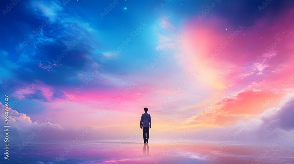 A serene figure stands alone beneath a breathtaking sky filled with vibrant hues of blue, pink, and purple, evoking tranquility. A serene figure stands alone beneath a breathtaking sky filled with vibrant hues of blue, pink, and purple, evoking tranquility.