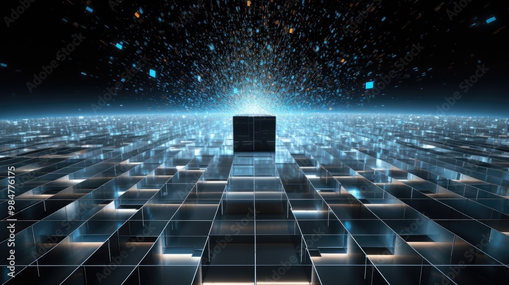 A black cube sits on a grid of reflective tiles, surrounded by a glowing, futuristic sky filled with particles. A black cube sits on a grid of reflective tiles, surrounded by a glowing, futuristic sky filled with particles.