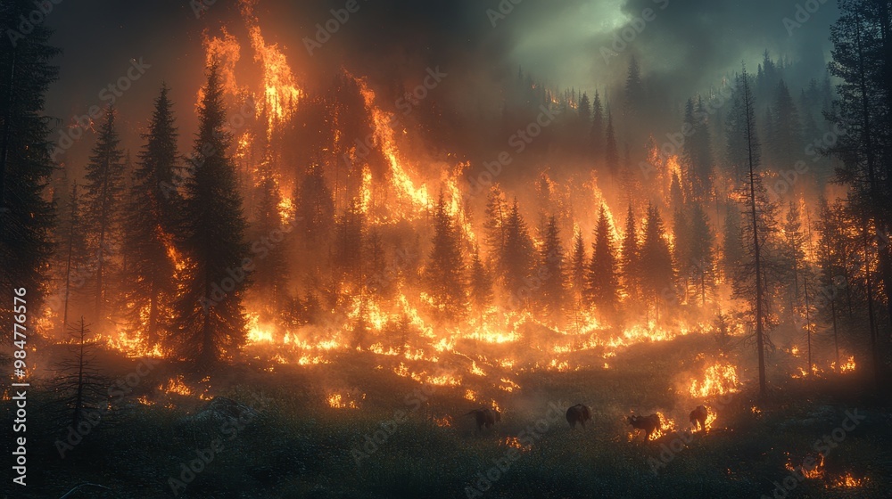 Wildlife fleeing from a burning forest, visualizing the catastrophic environmental impact of wildfires., photorealistic