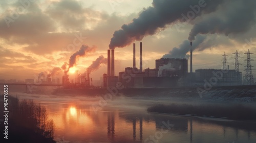 Industrial landscape at sunset with smokestacks emitting dark smoke along the river.