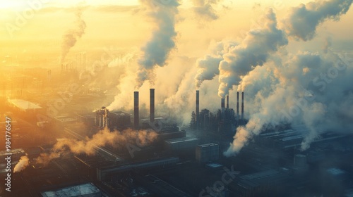 Aerial view of an industrial factory at sunset, with smoke plumes rising into a colorful sky.