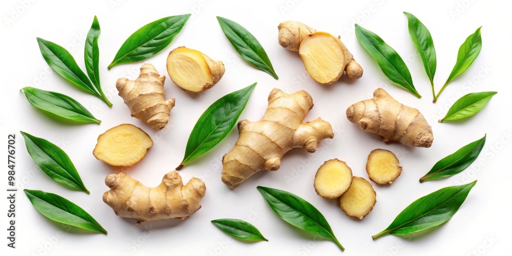 Organic Ginger Roots and Leaves Symmetry on White - Fresh Culinary Ingredients for Health and Wellness, Food Blog, Market Visuals Organic Ginger Roots and Leaves Symmetry on White - Fresh Culinary Ingredients for Health and Wellness, Food Blog, Market Visuals