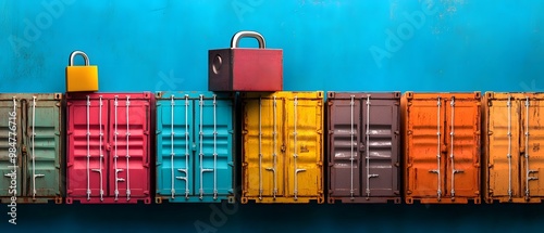 Colorful shipping containers with padlocks against a vibrant blue background, symbolizing security and property protection. photo