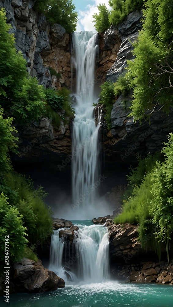 4K mountain waterfall on green screen, 3D rendering. 4K mountain waterfall on green screen, 3D rendering.