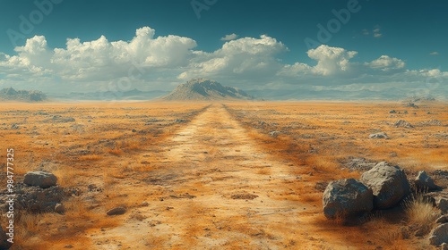 A desert overtaking a once fertile farmland, symbolizing desertification and climate change., photorealistic photo