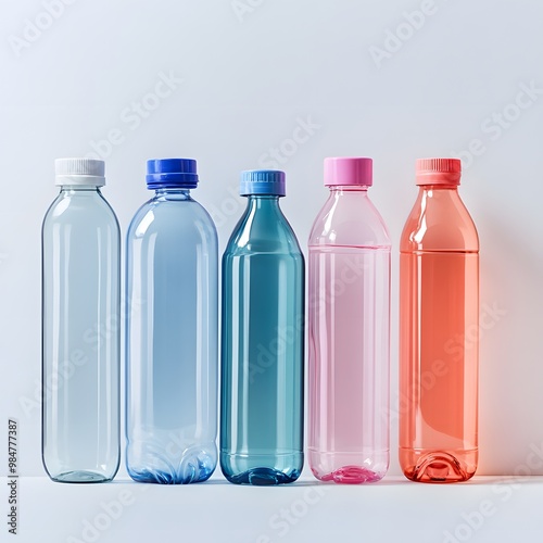 A colorful array of plastic water bottles in various shades, showcasing modern design and sustainable packaging.