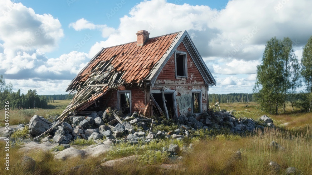 Abandoned rustic house with a crumbling facade and overgrown surroundings, surrounded by large rocks under a cloudy sky. Abandoned rustic house with a crumbling facade and overgrown surroundings, surrounded by large rocks under a cloudy sky.
