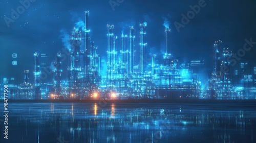 A futuristic industrial landscape with blue neon lights reflecting on water, showcasing advanced technology and energy production.